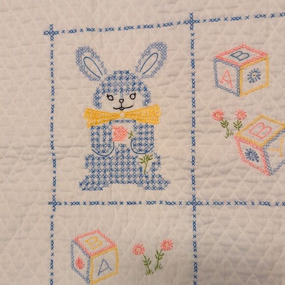 Vintage Cross Stitch Baby Quilt Blanket Blocks Bunny Elephant Bear Flowers - Picture 10 of 11